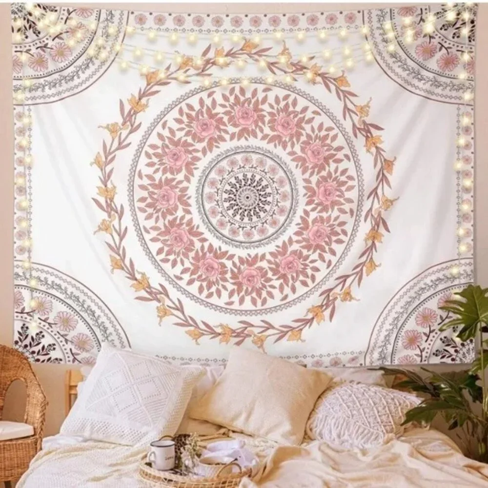 Floral Mandala Boho Neutral Pink/Cream Rose/Daisy Tapestry Wall Art Home Decor
